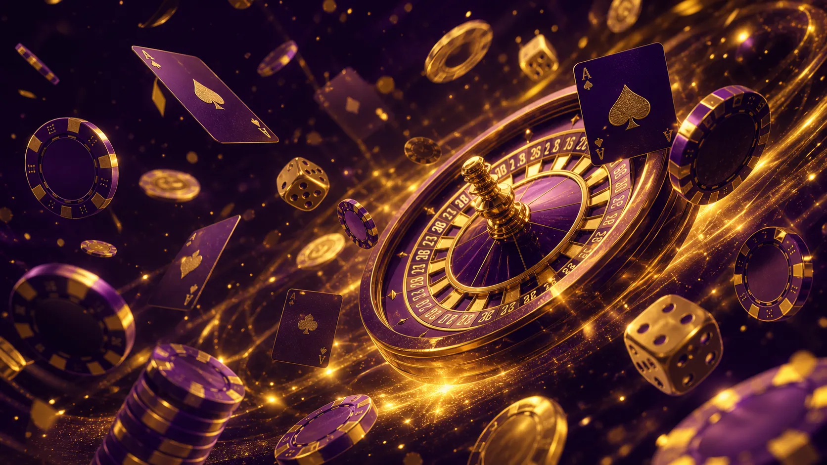 Cinematic casino scene with poker chips, playing cards, and a glowing roulette wheel, all in a premium two-color palette.